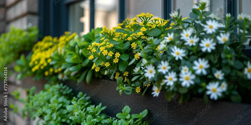 Flowers in pots on the windowsill of a modern house.