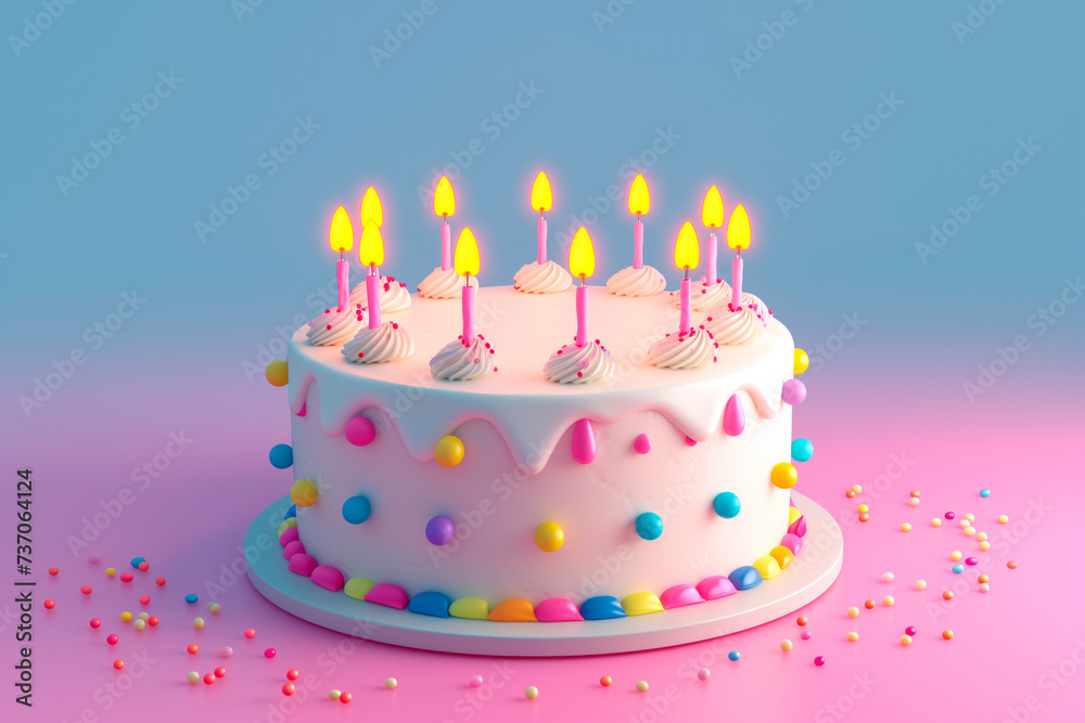 A delicious birthday cake covered in white frosting and multicolored sprinkles A delicious birthday cake covered in white frosting and multicolored sprinkles