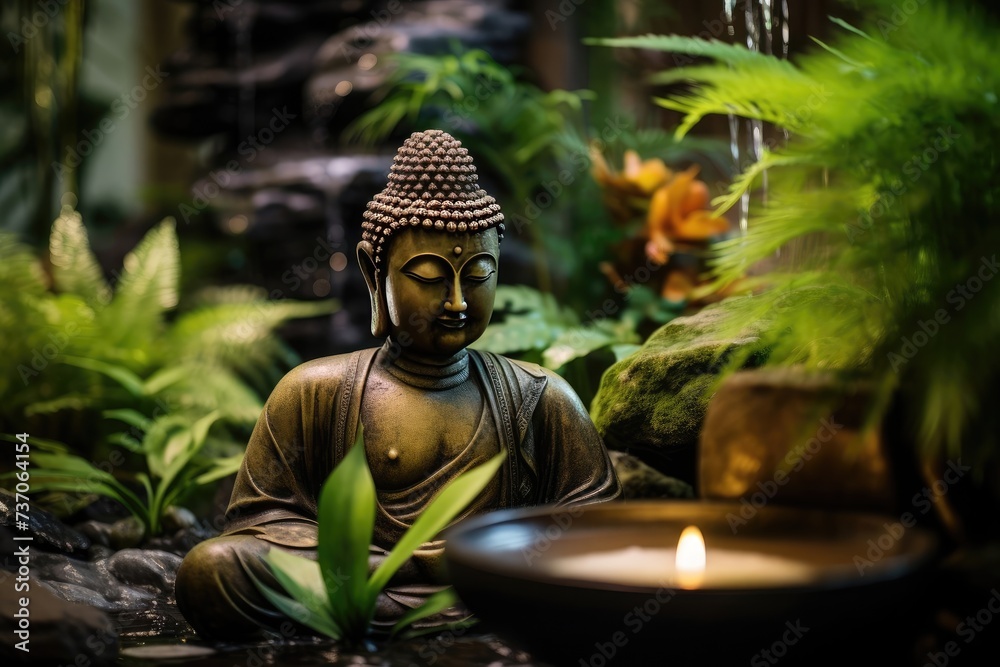 Tranquil spa decor with meditation stones, buddha figures, and miniature fountains