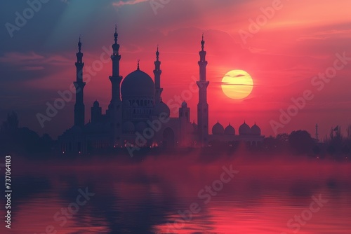 Misty Dawn over a Mosque with Silhouette of Minarets against a Red Sky