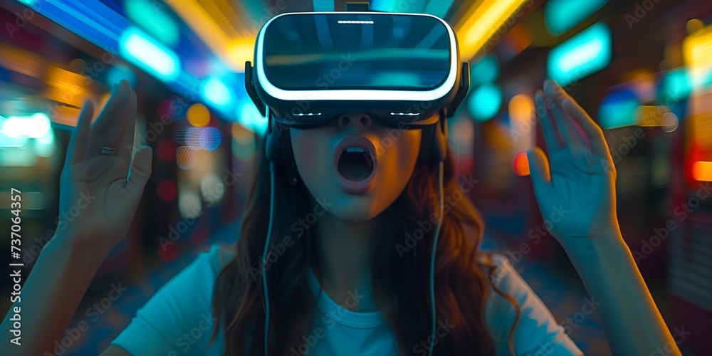 Young woman using virtual reality headset in a nightclub. 3d rendering