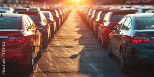 Cars parked in a row on the road in the evening.