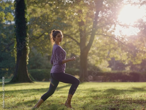 Woman in purple top jogging in sunlit park, enjoying morning workout amidst lush greenery