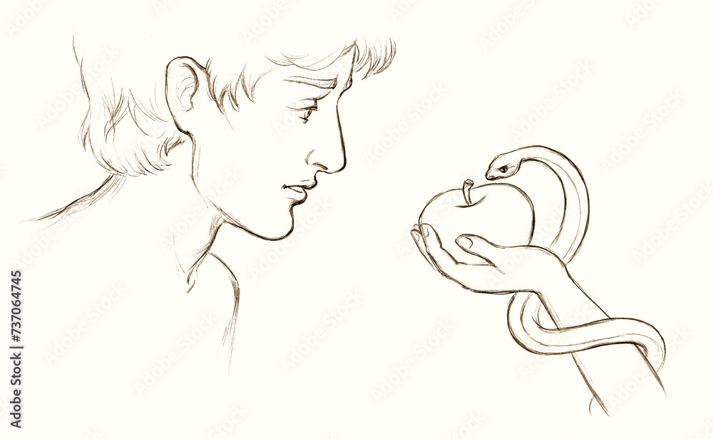 Pencil drawing. Eve Offers Adam the Forbidden Fruit Pencil drawing. Eve Offers Adam the Forbidden Fruit