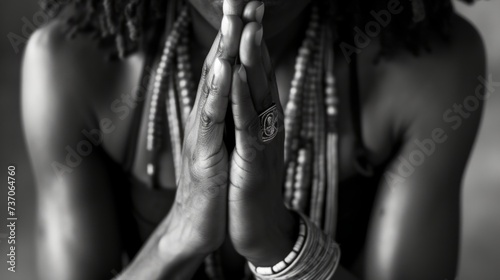 Focused woman practicing yoga with hands in Anjali Mudra, immersed in a moment of tranquil meditation