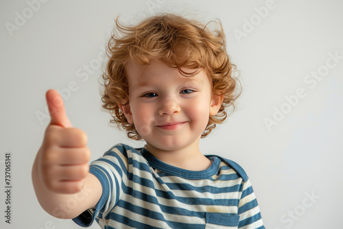 Happy little cute boy giving thumbs up on white background