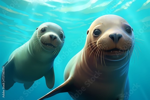 A pair of playful sea lions, their sleek bodies shining against a vibrant aquamarine background. © Animals