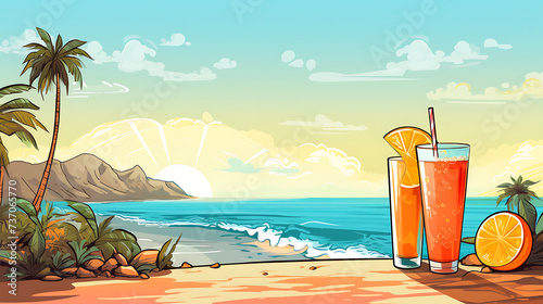 tropical cocktail on the beach  comic style