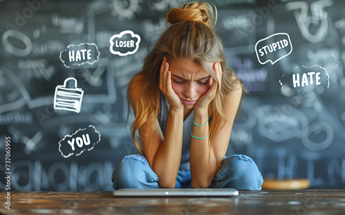 teenager girl upset by online comments, distressed over hurtful speech bubbles on dark background. Concept cyberbullying, teen mental health