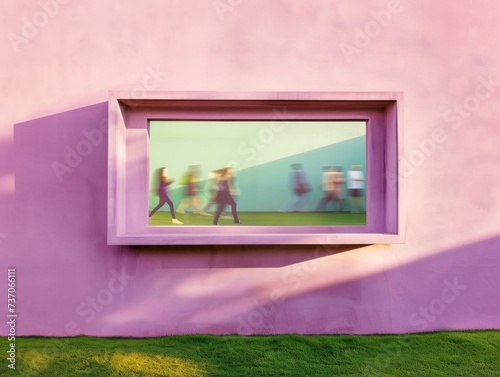 Abstract view of figures passing by a window  their blurred motion contrasting with the stillness of the interior