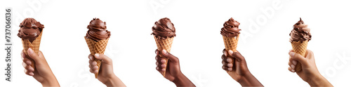 Collection of hand holding chocolate ice cream cone isolated on transparent background, PNG photo