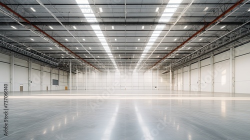 An inside view of a large and clean industrial warehouse, visible metal frame, parquet painted white on the ground, clean white walls, natural light coming from roof windows, additional industrial lig