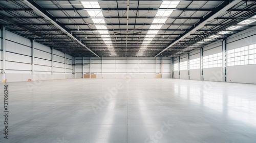 An inside view of a large and clean industrial warehouse, visible metal frame, parquet painted white on the ground, clean white walls, natural light coming from roof windows, additional industrial lig