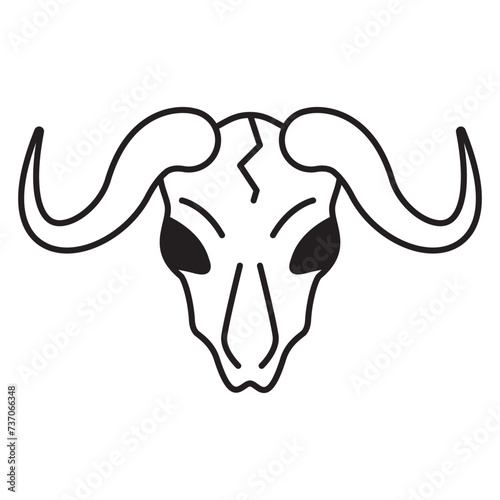 Skull aurochs.Bull skull icon.Head of a bull.Outline vector illustration.Isolated on white background.Doodle sketch wild west .