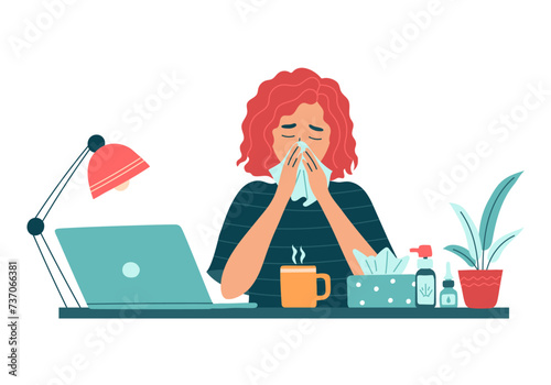 Sick woman employee with runny nose and hanky work on laptop. Unhealthy female worker feel sick virus, busy with online job. Girl use medicine from fever, flu or cold. Isolated vector illustration