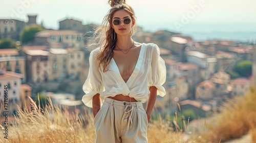 Stylish traveler woman with long hair in a white blouse and beige wide pants stands on a hill overlooking blurred Italian old town photo