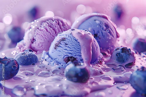 Cold and delicious melting scoops of blueberry ice cream with pieces of fruit and blueberries. Pastel colors commercial food banner.