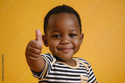 Happy little cute African boy giving thumbs up on yellow background