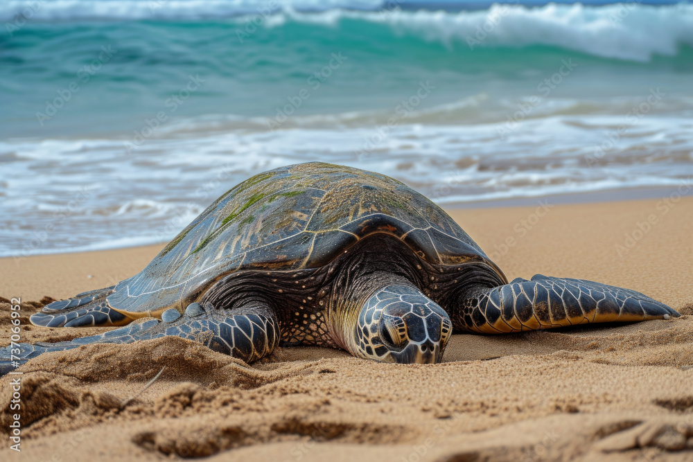 A large land turtle lies on the ocean shore. Huge Green Turtle heading back to ocean after having laid eggs on beach. Unique hatching place. Hawaiian turtle on the sand beach on the ocean shore