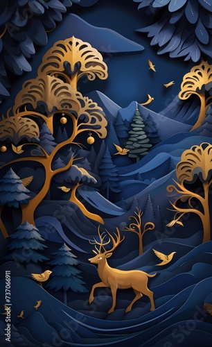 Dark blue mural wallpaper from the contemporary era Christmas tree, mountain, deer, birds, and waves of gold on a dark blue backdrop depicting a jungle or forest. Generative AI © Pixel Quest
