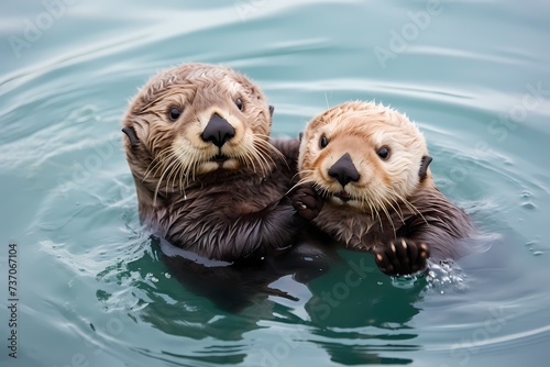 A pair of playful sea otters floating on their backs, holding hands as they drift along the calm ocean waves. © Animals