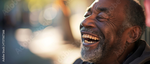 A joyful elderly African American man with a radiant smile basks in the warmth of sunlit surroundings.