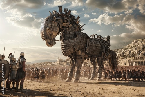 Unveiling deception  the legend of the trojan horse  a symbol of cunning strategy and ancient warfare  an iconic tale of infiltration  betrayal  and surprise in greek mythology and history
