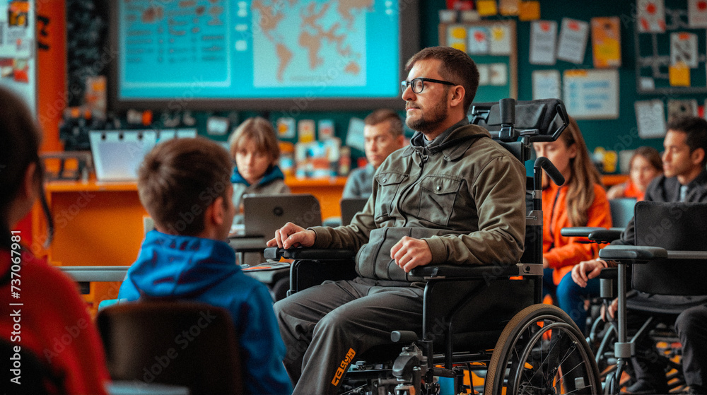 Inclusive Education Teacher in Wheelchair Leading Classroom Discussion