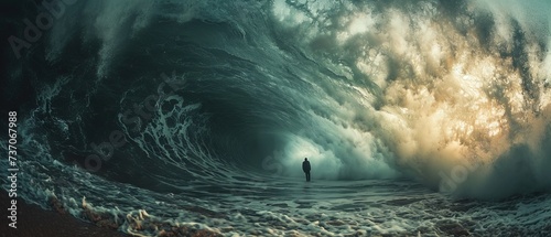 Powerful ocean huge waves And person, stormy seas, intensity of a tsunami, banner