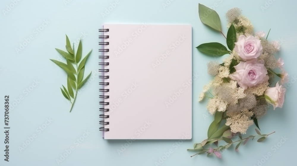Notebook with flowers surrounding it Notebook with flowers surrounding it