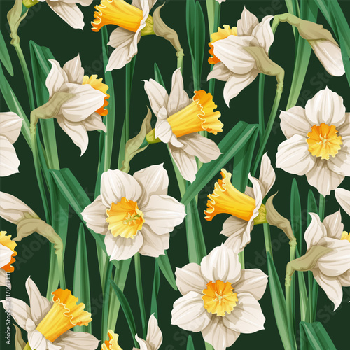 Seamless pattern with narcissus flowers. Spring fabric design. Floral print for Easter with daffodils. Suitable for fabric wallpaper, textiles, scrapbooking.