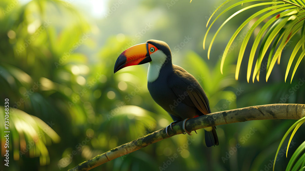 Fototapeta premium close up toucan standing on a branch and tropical nature in green meadow