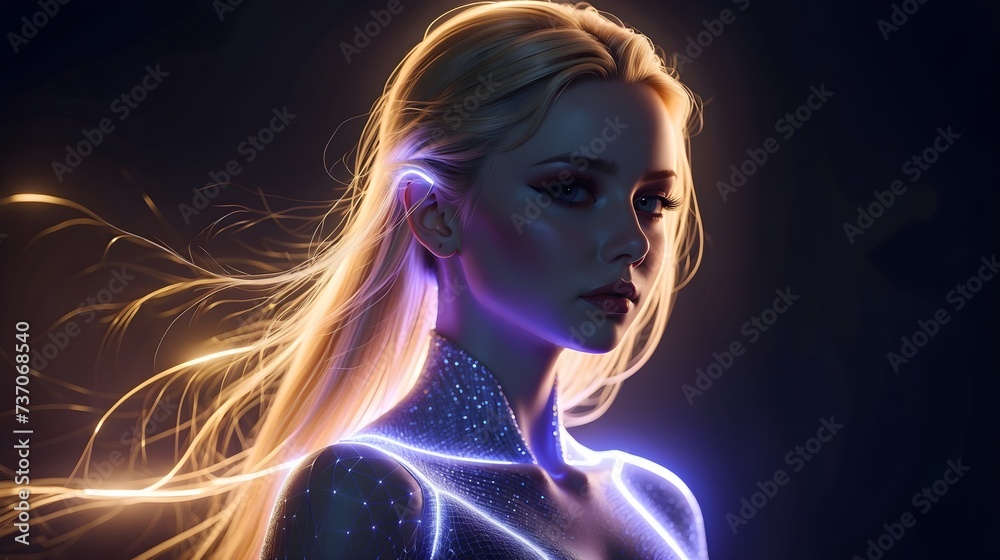 Young looking immortal goddess of universe with long blonde hair, European, depicted with sparkles and robotic futures. AI character, Gaming concept character. 