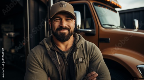 Smiling bearded truck driver standing in front of truck, wearing hat and crossing arms © sorin