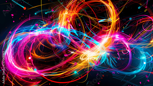 Vibrant Neon Lights Spiraling in a Chaotic and Dynamic Pattern Against Black Background