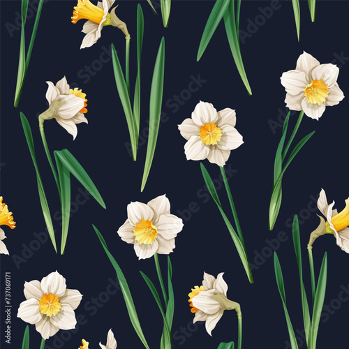 Seamless pattern with narcissus flowers. Spring fabric design. Floral print for Easter with daffodils. Suitable for fabric wallpaper, textiles, scrapbooking.