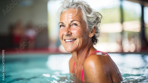 Active senior women enjoying aqua gym fitness class for healthy retirement lifestyle © sorin