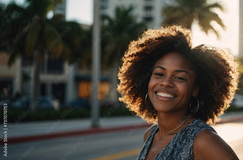 portrait of a happy woman in the Miami city street