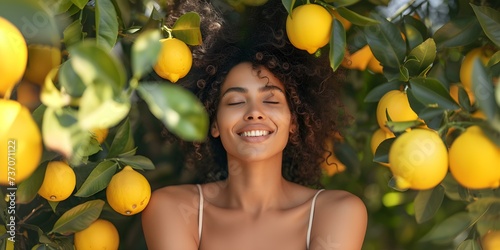 Woman smiling while inhaling lemon scent finding joy postCovid sense of smell. Concept Post-Covid Sense of Smell, Lemon Scent, Woman with Joy, Finding Joy in Small Things, Smiling After Adversity