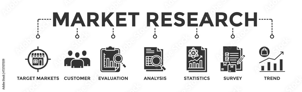 Market research banner web icon vector illustration concept with icon of target markets, customer, evaluation, analysis, statistics, survey and trend Market research banner web icon vector illustration concept with icon of target markets, customer, evaluation, analysis, statistics, survey and trend