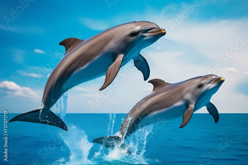 A playful group of dolphins  captured mid-air in a synchronized jump  against a vibrant turquoise background.