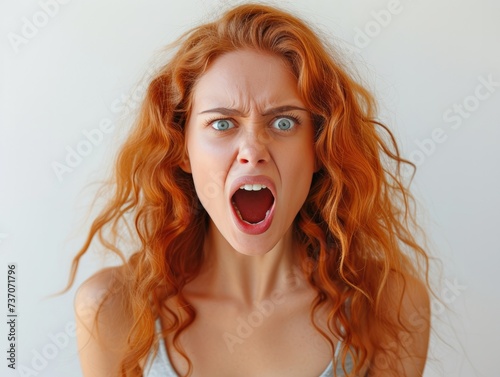 girl angry and excited because she is scared, on a white background
