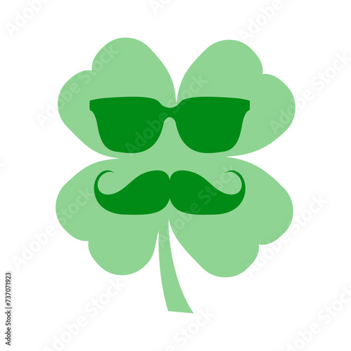 Día de San Patricio. Logo con silueta de trébol con bigote y gafas de sol para su uso en felicitaciones y tarjetas
