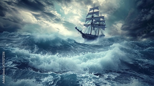 Ship navigating through an ocean storm with massive waves, power and intensity of nature