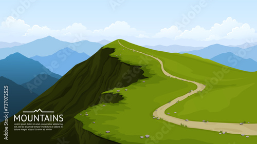 A trail on top of a mountain. High rock, cliff. A panoramic view of the mountain ranges. Hiking, tourism, active recreation. Mountain landscape, summer scenery. Vector illustration.