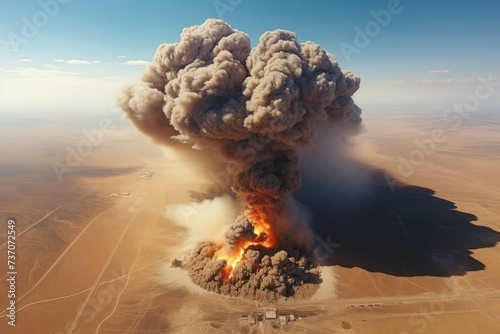 Big nuclear explosion in desert with big cloud forming mushroom