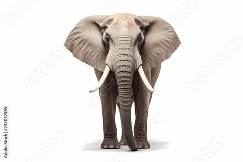 A regal African elephant, its powerful tusks on display, standing tall against a pristine white background.