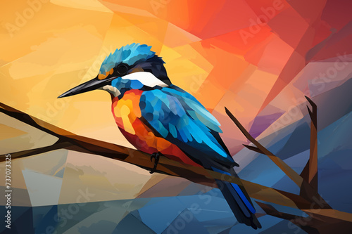 A vibrant painting capturing the kingfisher bird with bright colors perched on a branch. © Tanja Mikkelsen 