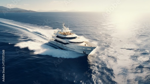 A luxury yacht cuts through the deep blue sea, leaving a frothy white wake behind, in an aerial view over the ocean.
