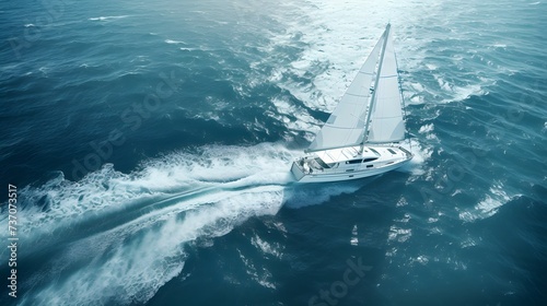 A luxury yacht cuts through the deep blue sea, leaving a frothy white wake behind, in an aerial view over the ocean. 